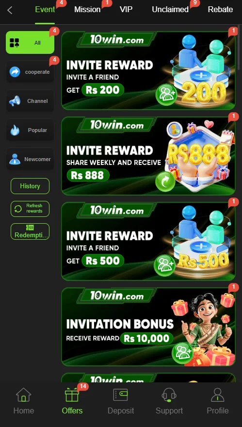 10win Game Bonuses and Events